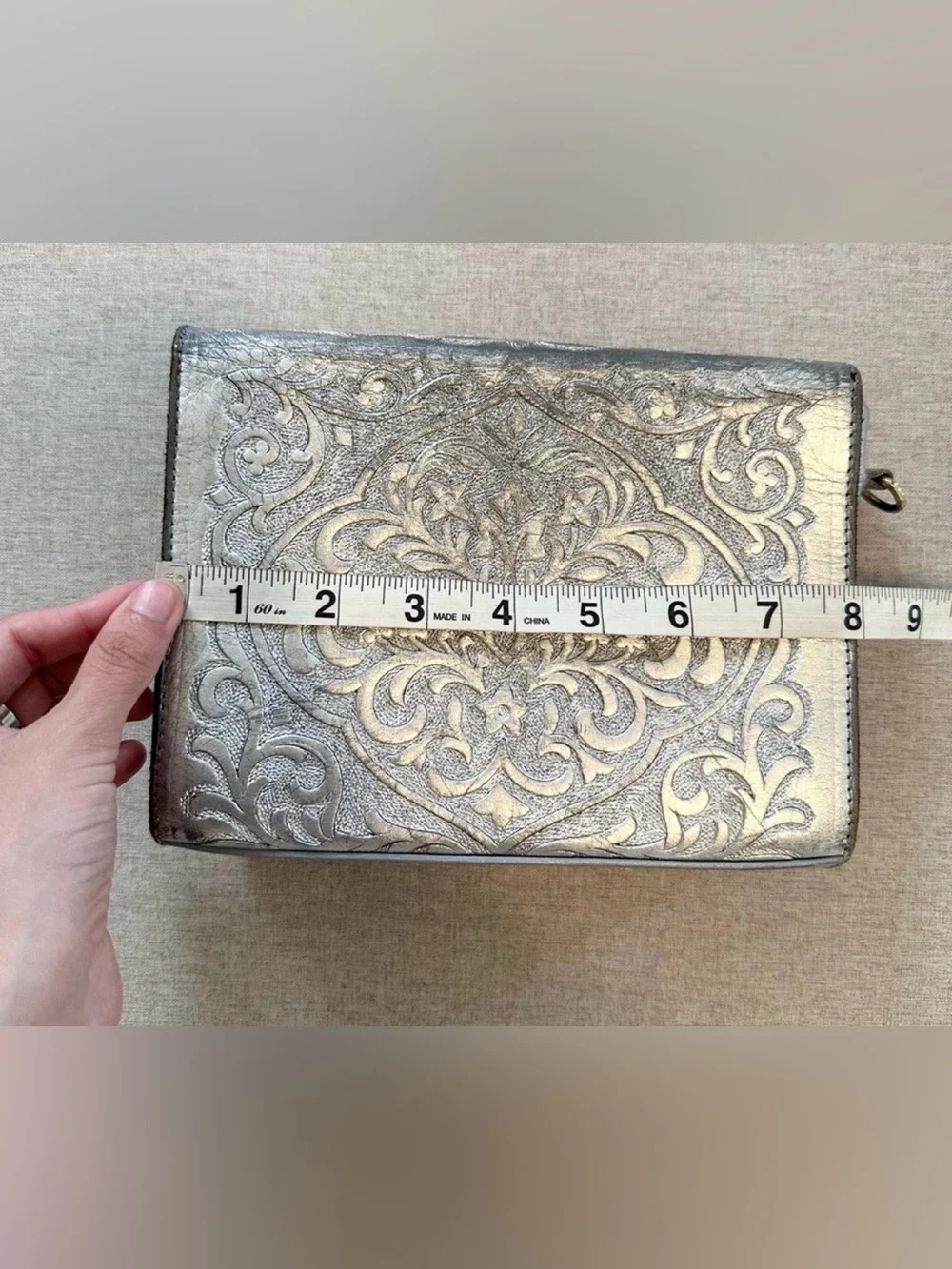 Carolina Crowley Chiseled Tooled Leather Silver Clutch Purse